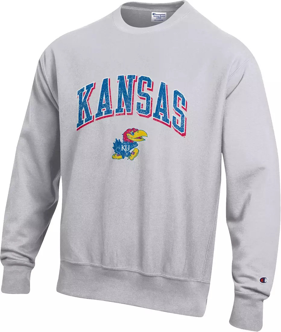 Champion Men's Kansas Jayhawks Grey Reverse Weave Crew Pullover Sweatshirt | DICK'S Sporting Goods