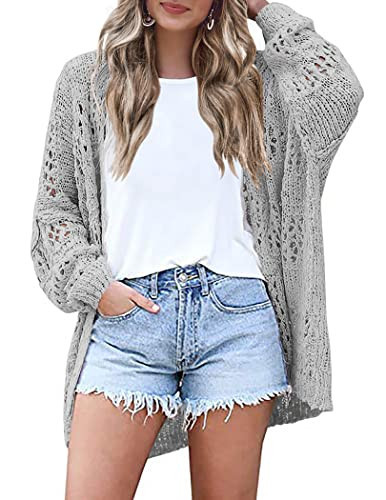 HOTOUCH Grey Cardigan Women Knit-Cardigan Long Sleeve Mesh Crochet Open Front Cardigans Sweater Grey M | Amazon (US)