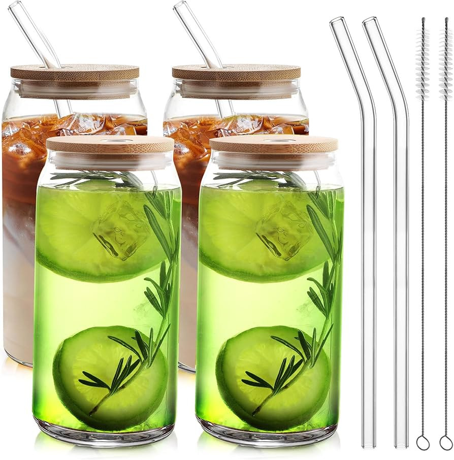Amazon.com: HOMBERKING Glass Cups with Bamboo Lids and Straws 4pcs Set, 16oz Drinking Beer Glasse... | Amazon (US)