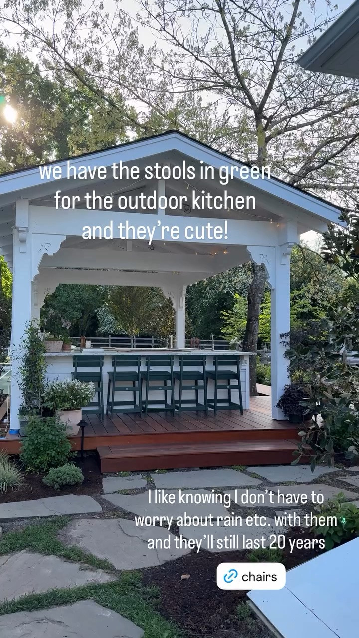 I like knowing I don’t have to worry about rain etc. with them and they’ll still last 20 years  we have the stools in green for the outdoor kitchen and they’re cute!