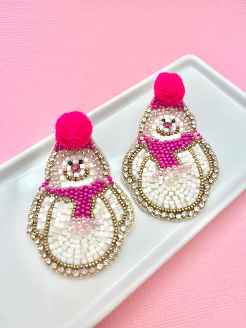 Pink Snowman Beaded Earrings Christmas Earrings Frosty Pink - Etsy | Etsy (US)