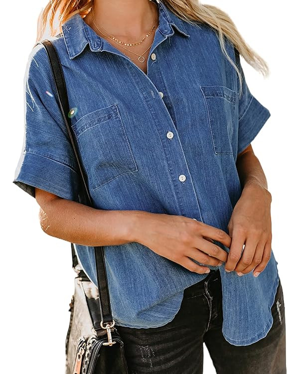 Astylish Womens Button Down Shirts V Neck Loose Casual Shirt | Amazon (US)