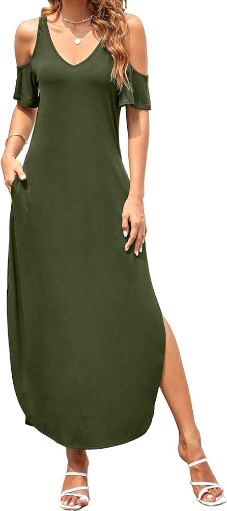 HUSKARY Women's Summer Maxi Dresses 2026 Trendy V Neck Cold Shoulder Short Sleeve Casual Loose Lo... | Amazon (US)