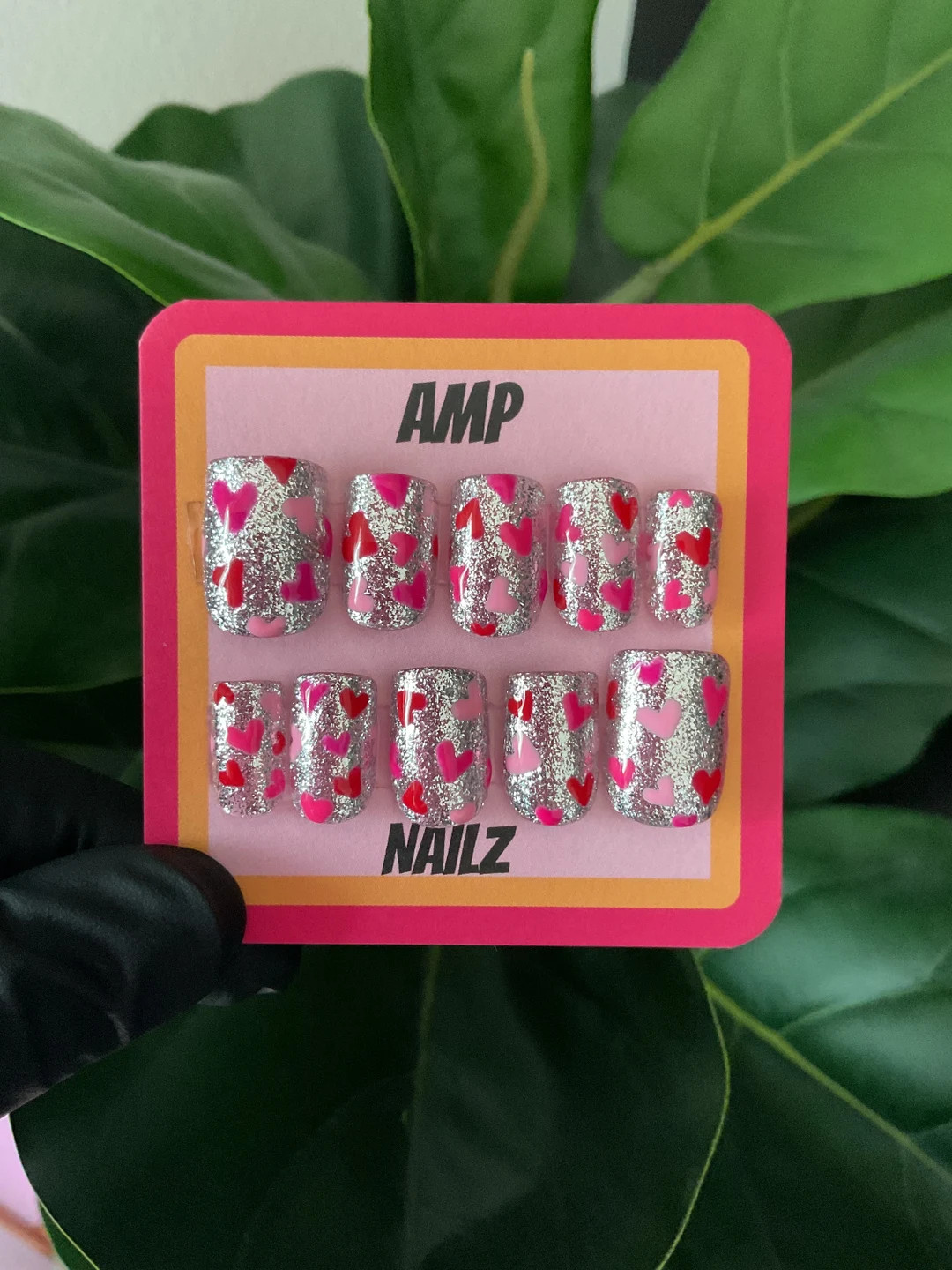 Hand Painted Silver Glitter Heart Press on Nails, Gel Custom Nail,valentines Nails - Etsy | Etsy (US)