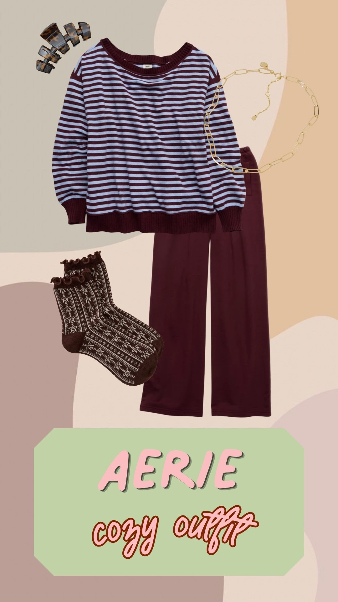 We are loving this Aerie cozy outfit for fall. The striped sweater, burgundy pants, patterned socks, and gold necklace make such a cute combination for cooler days.

#LTKdayinmylife #LTKgrwm #LTKootd