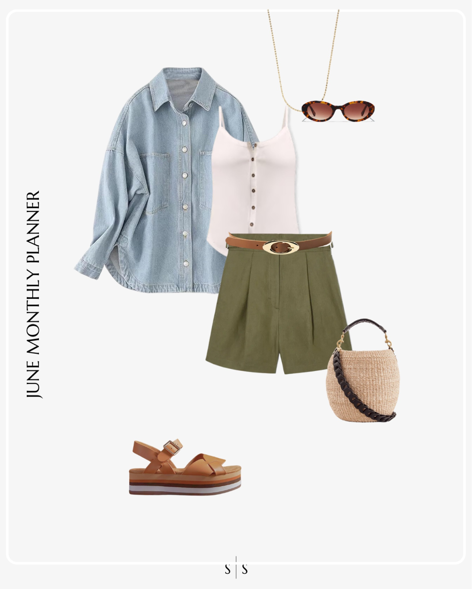 Monthly outfit planner JUNE: Spring & Summer looks | denim shirt jacket,  Henley button tank, olive shorts, neutral belt, woven pot handbag, platform sandal

See the entire calendar on thesarahstories.com ✨ 


#LTKStyleTip