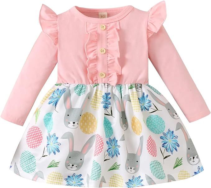 Toddler Baby Girl Easter Outfits Ruffle Long Sleeve Bunny Print One-Piece Dress Rabbit Skirt | Amazon (US)