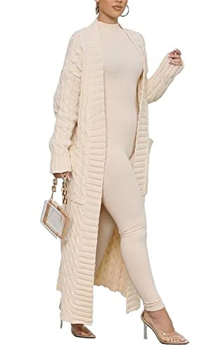 Long Sweaters for Women Cardigan Open Front Long Sleeve Plus Size Chunky Cable Knit Duster Cardigans with Pockets Winter Coat Beige | Amazon (US)