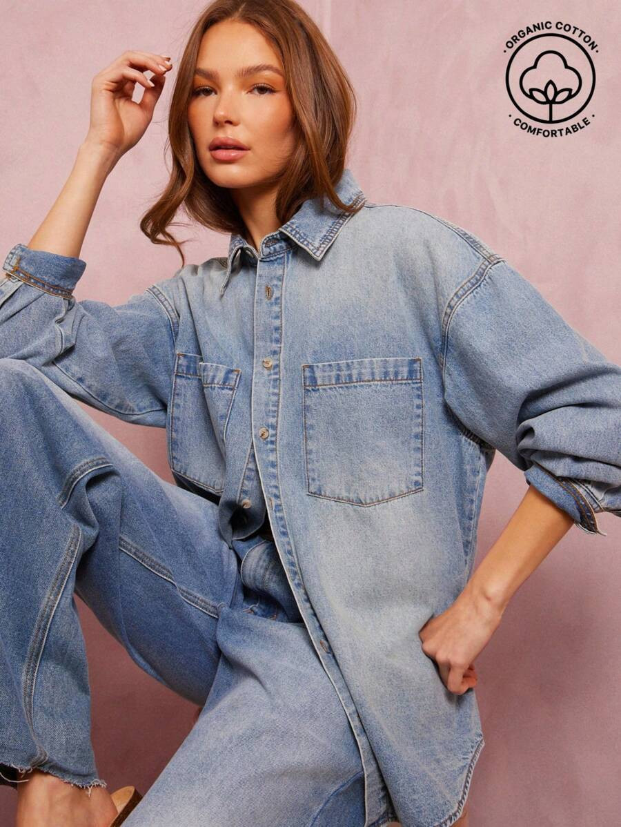 WESTFADE Collared Button Front Patch Pocket Oversized Long Sleeve Denim Shirt Jacket | SHEIN