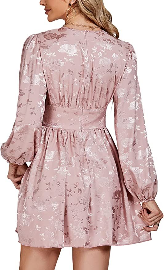 LYANER Women's V Neck Floral Jacquard Ruched Ruffle Hem Lantern Long Sleeve A Line Mini Dress | Amazon (US)