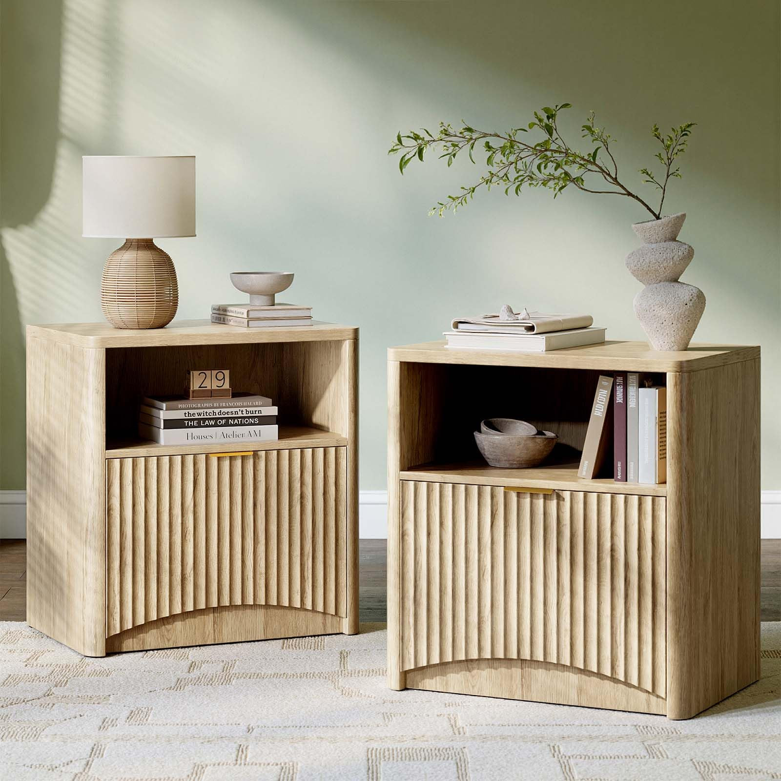 Evermagin Fluted Nightstand Set of 2, Natural Oak Bedside Table with Drawer and Storage, Wood End... | Amazon (US)
