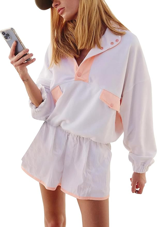 Quarter Button Sweatsuits Women Oversized Color Block Sweatshirts Sets Shorts Tracksuits 2025 Cas... | Amazon (US)