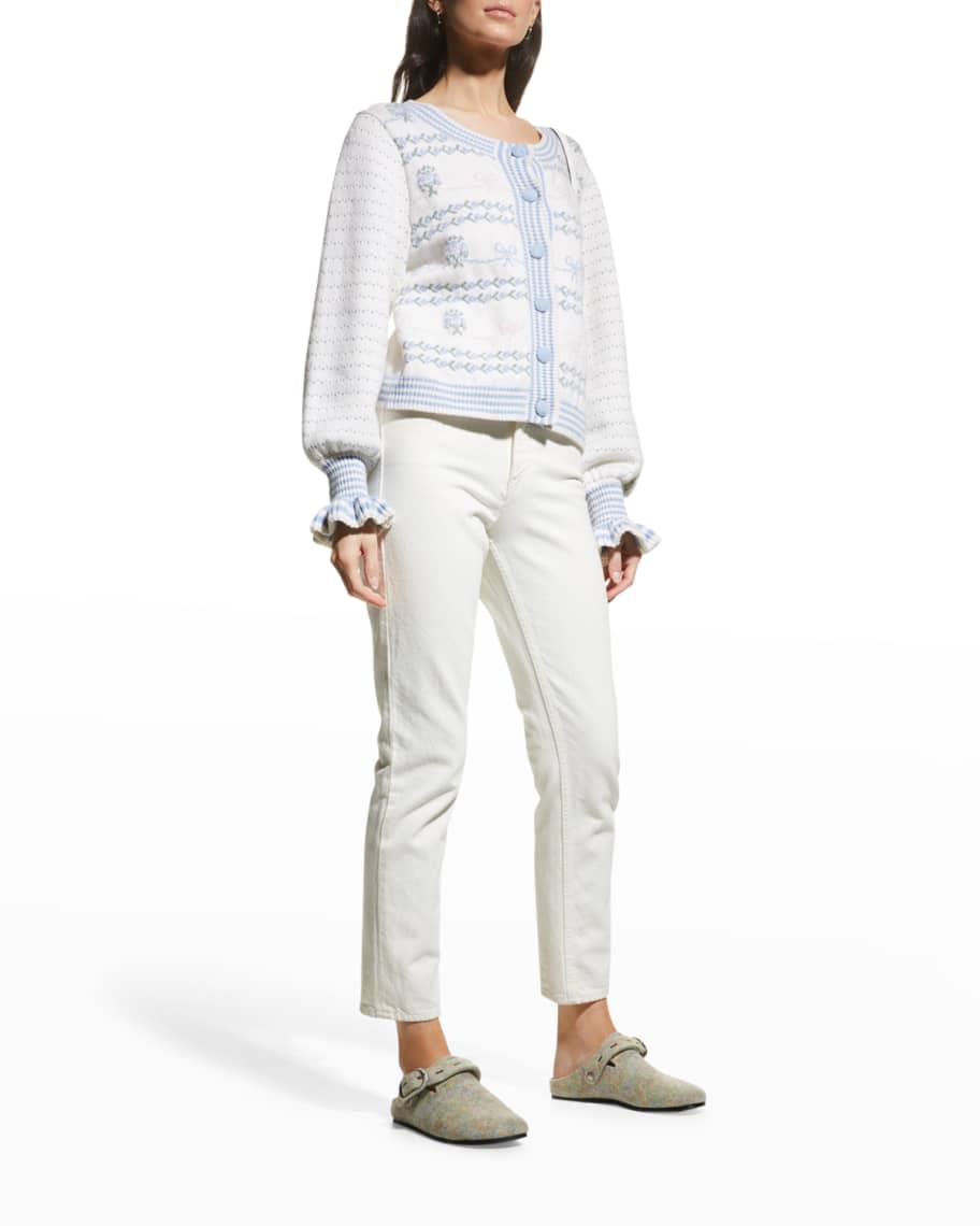LoveShackFancy Keoni Cotton-Wool Bouquet and Bow Printed Cardigan | Neiman Marcus