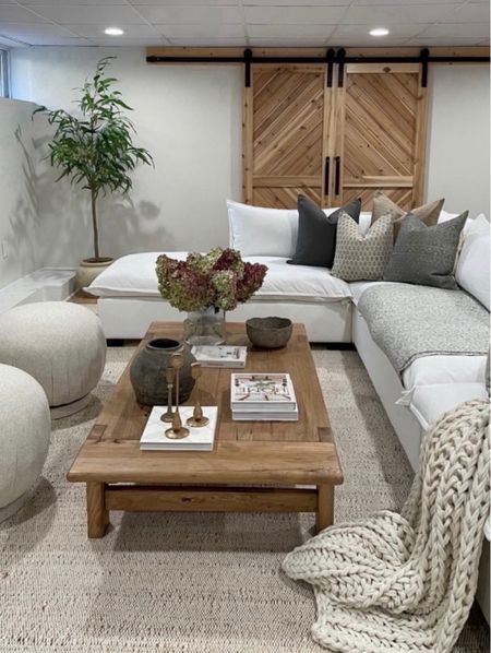 Basement living room, throw blankets, coffee table, neutral decor, faux tree, sectional, no shed jute rug

#LTKStyleTip #LTKHome