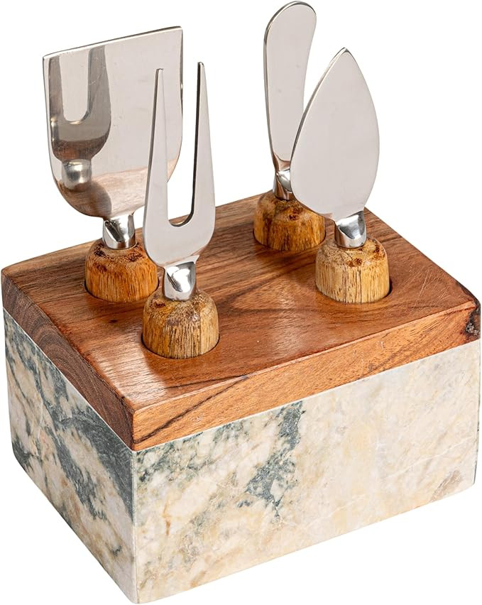 Creative Co-Op, Black, Marble Cheese Server Set with Mango Wood Stand, Set of 4, Small | Amazon (US)
