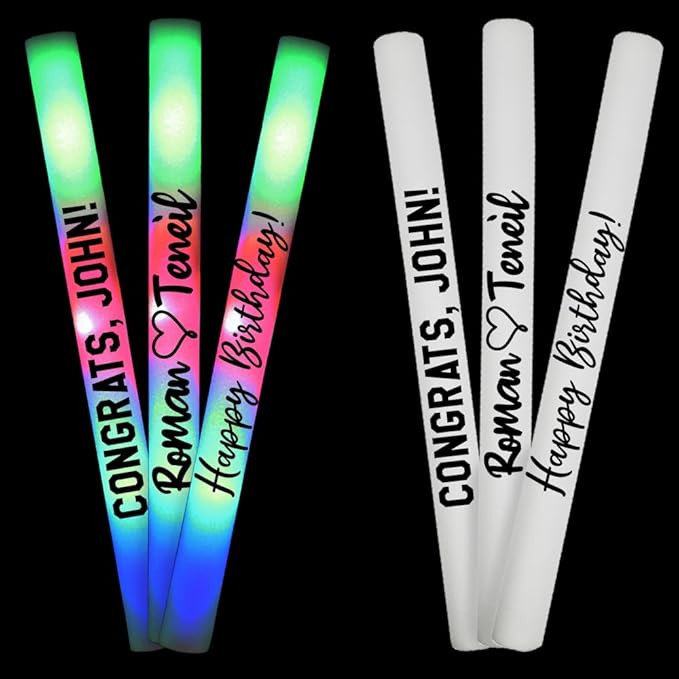 Pack of 100 Custom LED Party Foam Light Sticks Batons for Wedding, Parties, Birthdays, Guests, Pa... | Amazon (US)
