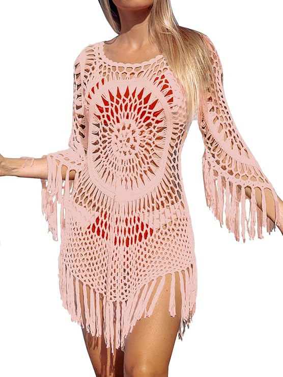 CUPSHE Women's Cover Up White Crochet Hollow Out Tassel Swimsuit Three Quarter Sleeve | Amazon (US)
