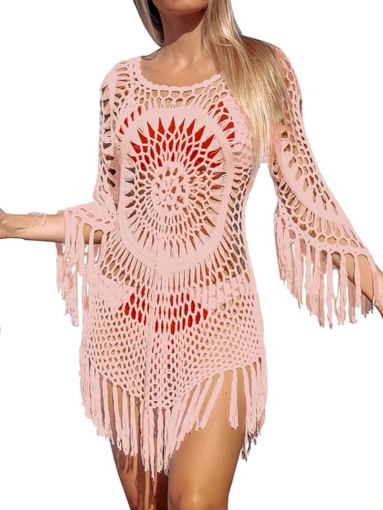 CUPSHE Women's Cover Up White Crochet Hollow Out Tassel Swimsuit Three Quarter Sleeve | Amazon (US)