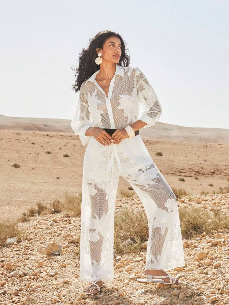 Anewsta 2pcs Set French Romantic White Hollow Embroidery Floral Casual Outfit | SHEIN