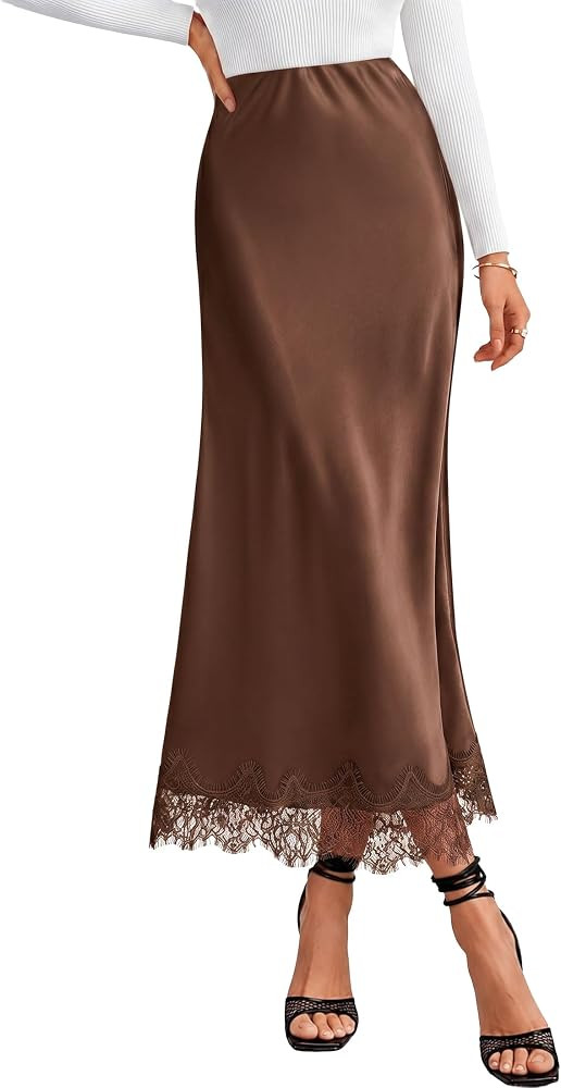 High Waisted, Lace Trim, Hidden Elasticized Waistband, Fall Fashion 2026, Wedding Guest Long Skir... | Amazon (US)