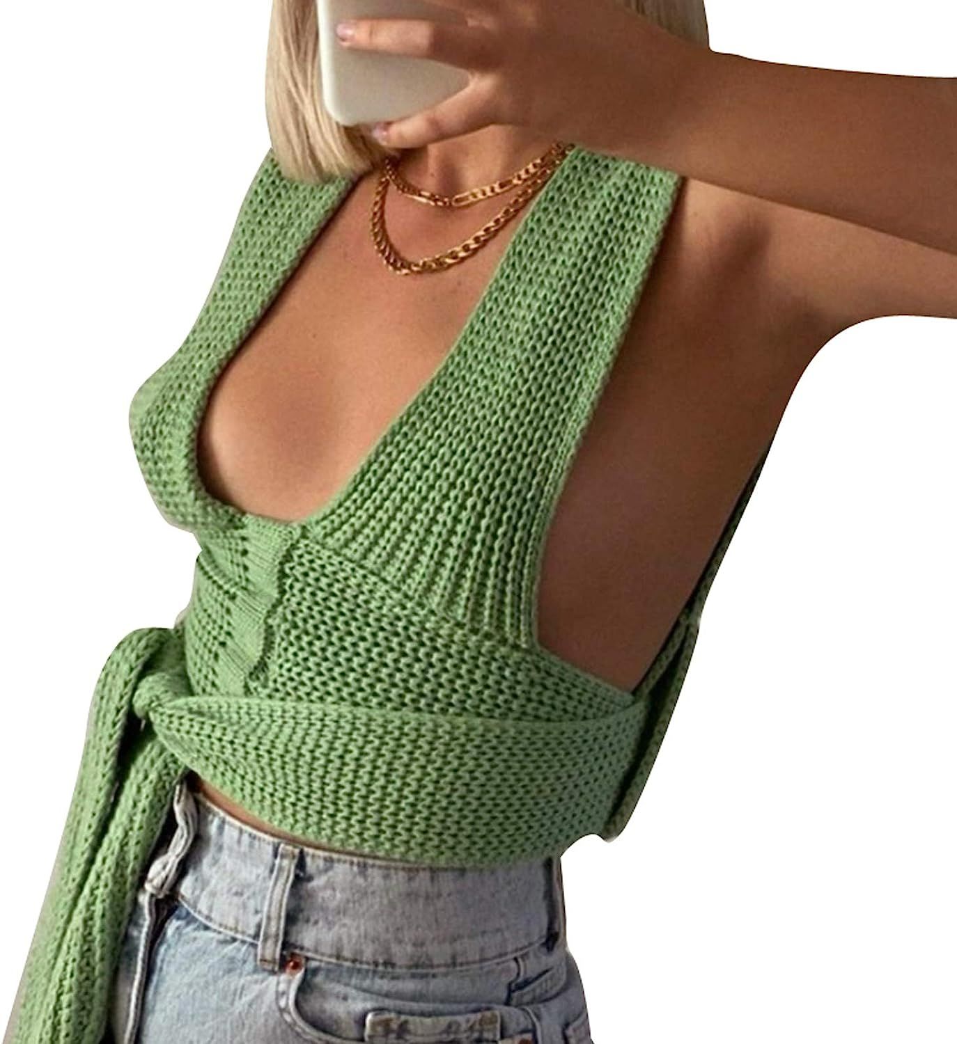 Knit Bandage Tank Top for Women Crisscross Halter Crop Top Sexy Sleeveless Backless Blouse Vest S... | Amazon (US)