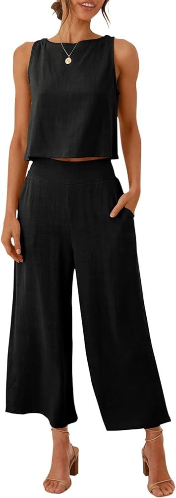 Prinbara Women's Summer Casual 2 Piece Outfits Round Neck Crop Basic Top Cropped Wide Leg Pants S... | Amazon (US)
