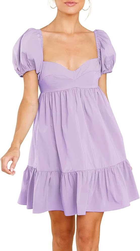 BELONGSCI Women's Summer Cute Dress Sweetheart Neckline Puff Sleeve Ruffle A-Line Casual Loose Flowy | Amazon (US)
