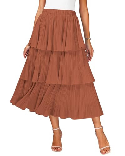 OULESIS Fall Skirts for Women 2025 Ruffle Flowy Tiered Layered Pleated Maxi Skirt Tall Womens Long Flowy High Waist Skirt Spring Party Halloween Brown | Amazon (US)
