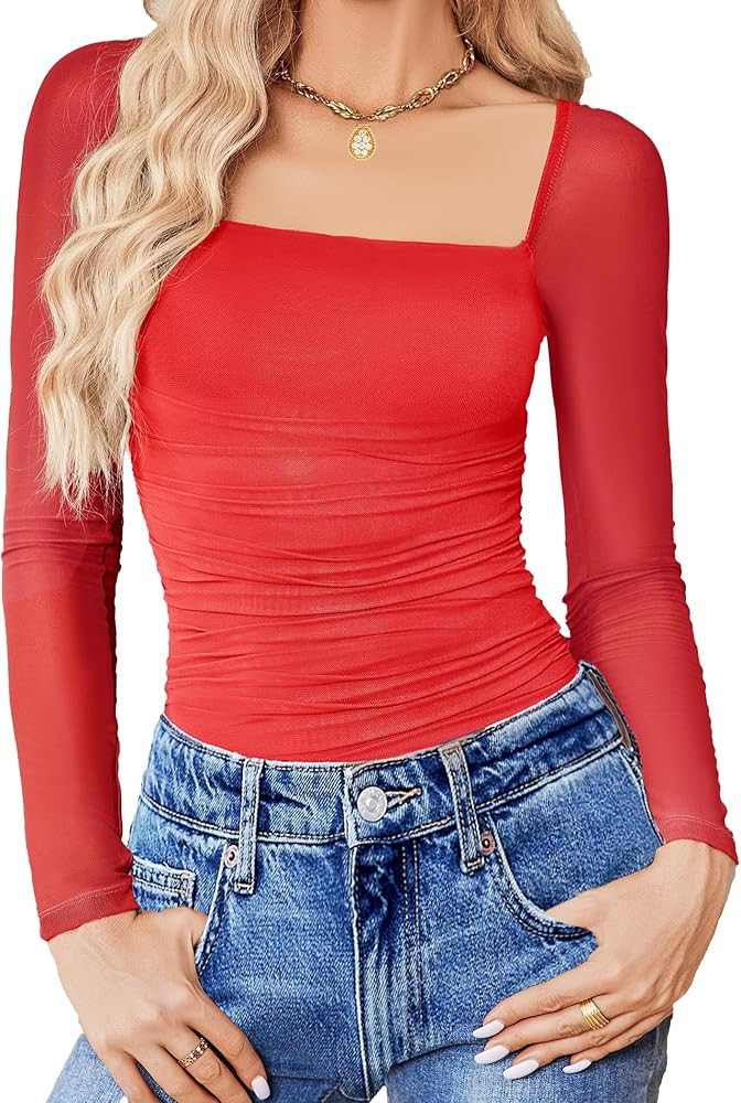 Avidlove Women's Square Neck Mesh Long Sleeve Bodysuit Shirts Ruched Body Suit Sexy Sheer Tops Da... | Amazon (US)