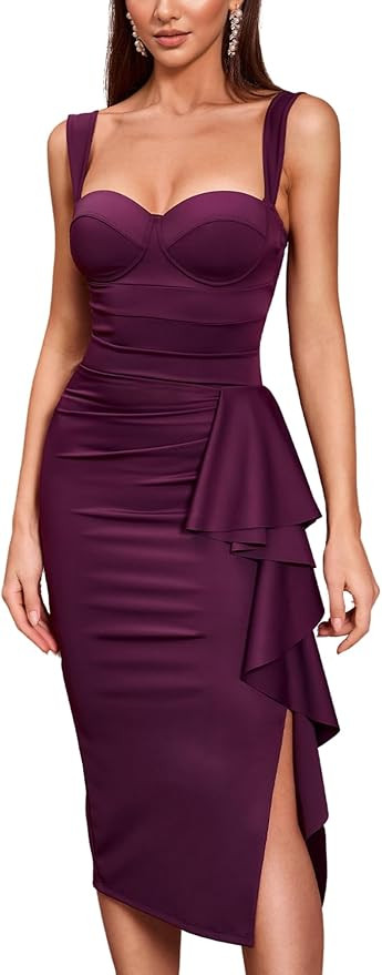 Women's Formal Evening Midi Cocktail Dress Built-in Bra Ruched Sleeveless Slit Ruffle Fall Weddin... | Amazon (US)
