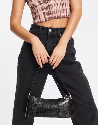 ASOS DESIGN black croc effect shoulder bag with hardware tabs | ASOS (Global)