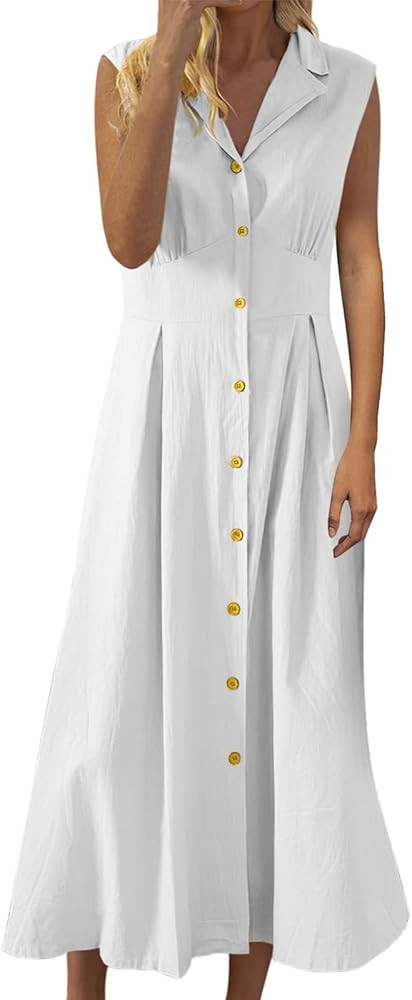 utcoco Womens Casual Sleeveless Shirt Dress Notched Collar Button Down Cotton Maxi Dresses for Women 2024 | Amazon (US)