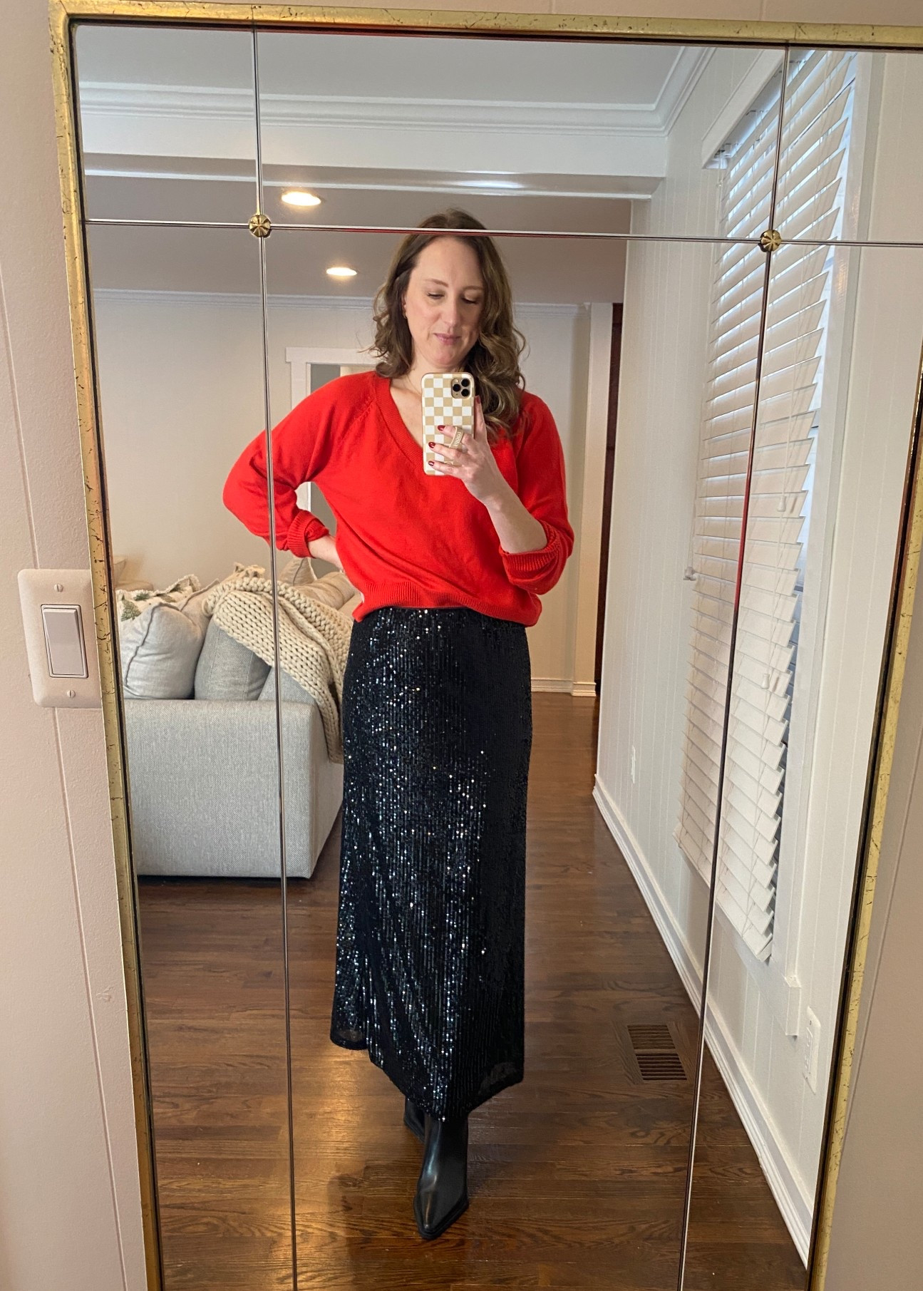 My take on an easy holiday outfit. And the best part is—the skirt is stretchy! #holidayoutfit #christmasoutfit #NYEoutfit #sequinskirt #holidaystyle #NYEstyle #NYElook #momstyle 

 #LTKHoliday #LTKootd #LTKFindsUnder50