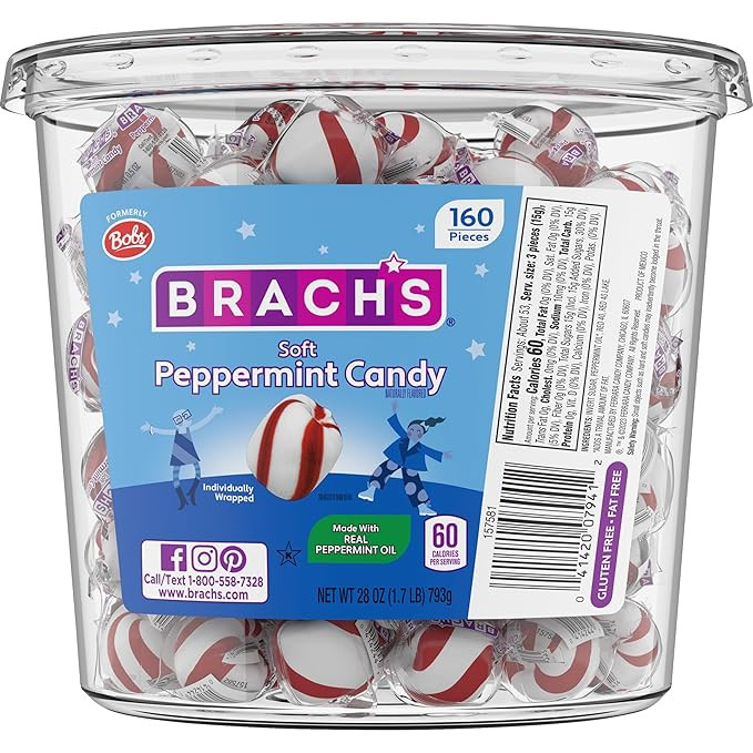 Brach's Bobs Sweet Stripes Soft Peppermint Candy, 160 Individually-Wrapped Pieces, 28 Ounce Jar | Amazon (US)