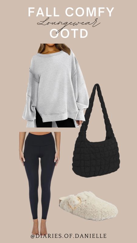 Free People dupe, sweatshirt, pullover, black leggings, crossbody bag, quilted tote bag, Ugg slippers, comfy outfit, fall outfit, loungewear outfit, mom style, everyday outfit, Sherpa Birkenstocks

#LTKfindsunder50 #LTKSeasonal #LTKstyletip