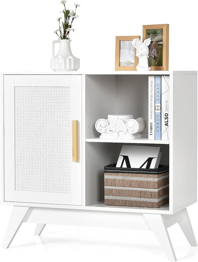 Tangkula Storage Cabinet, Free Standing Cabinet W/Adjustable Shelves, Rattan-Weaved Door & Solid ... | Amazon (US)