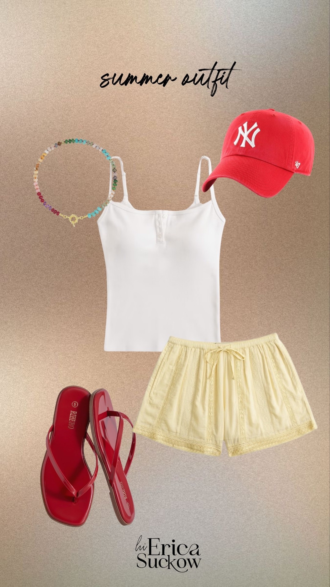 Mom friendly and thick tummy approved summer 2026 outfit of the day!

Wearing size large in the bra free tank from Abercrombie and size large and the 100% cotton shorts from Abercrombie

Hat and red sandals are from Amazon

Midsize, size 12, size 14, mom style, curvy outfit