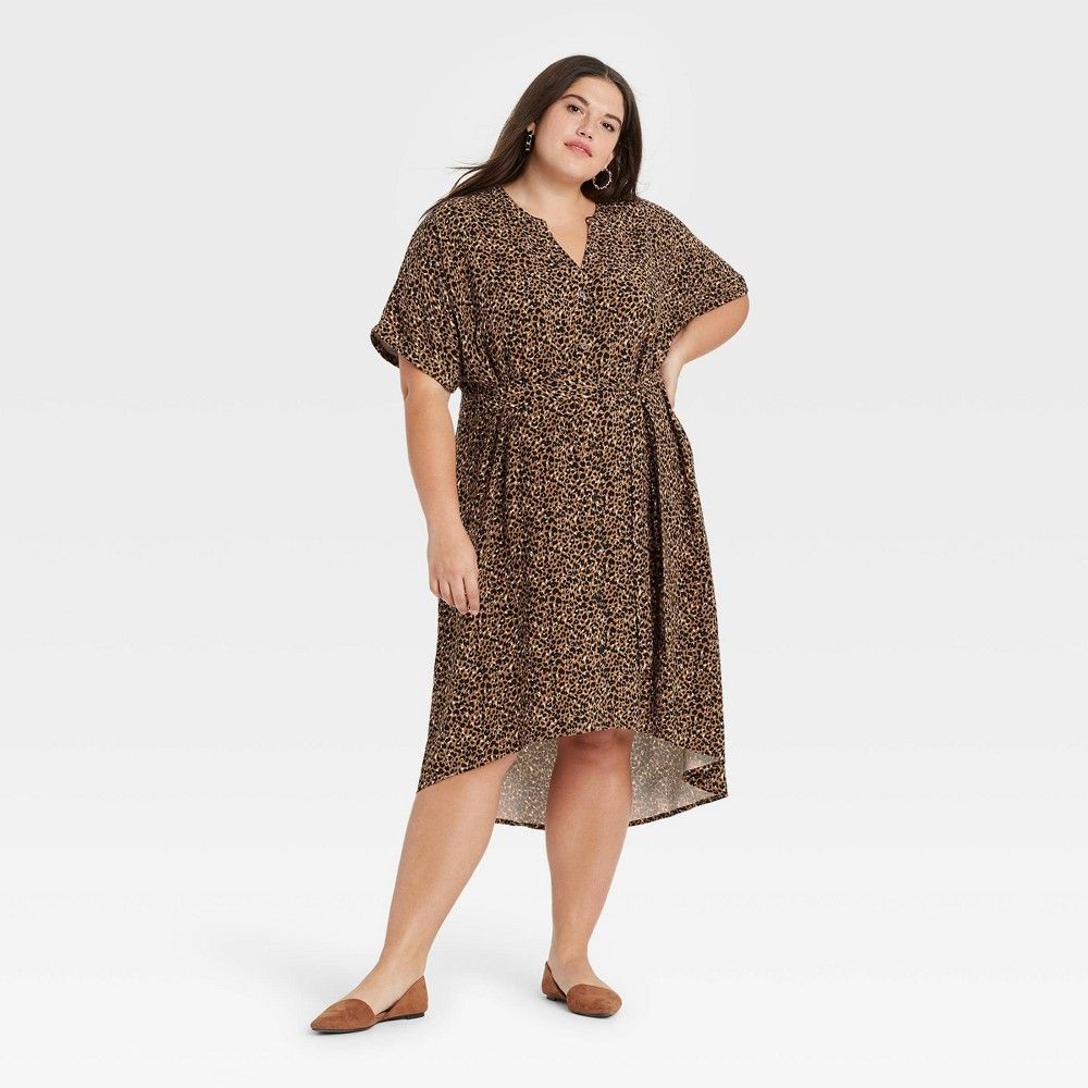 Women's Plus Size Short Sleeve Shirtdress - Ava & Viv Brown Animal Print 1X | Target