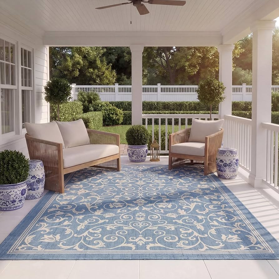 SAFAVIEH Washable Rug Outdoor Courtyard Collection - 9' x 12', Blue & Natural, Non-Shedding & Eas... | Amazon (US)