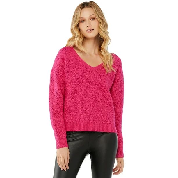 Scoop Women's Pointelle V-Neck Sweater - Walmart.com | Walmart (US)