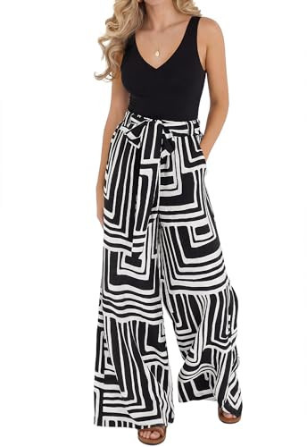 BTFBM Two Piece Sets For Women Summer 2026 Spring Outfits Casual Sleeveless Wide Leg Pants Sets Beach Vacation Clothes(Floral Black, Medium) | Amazon (US)