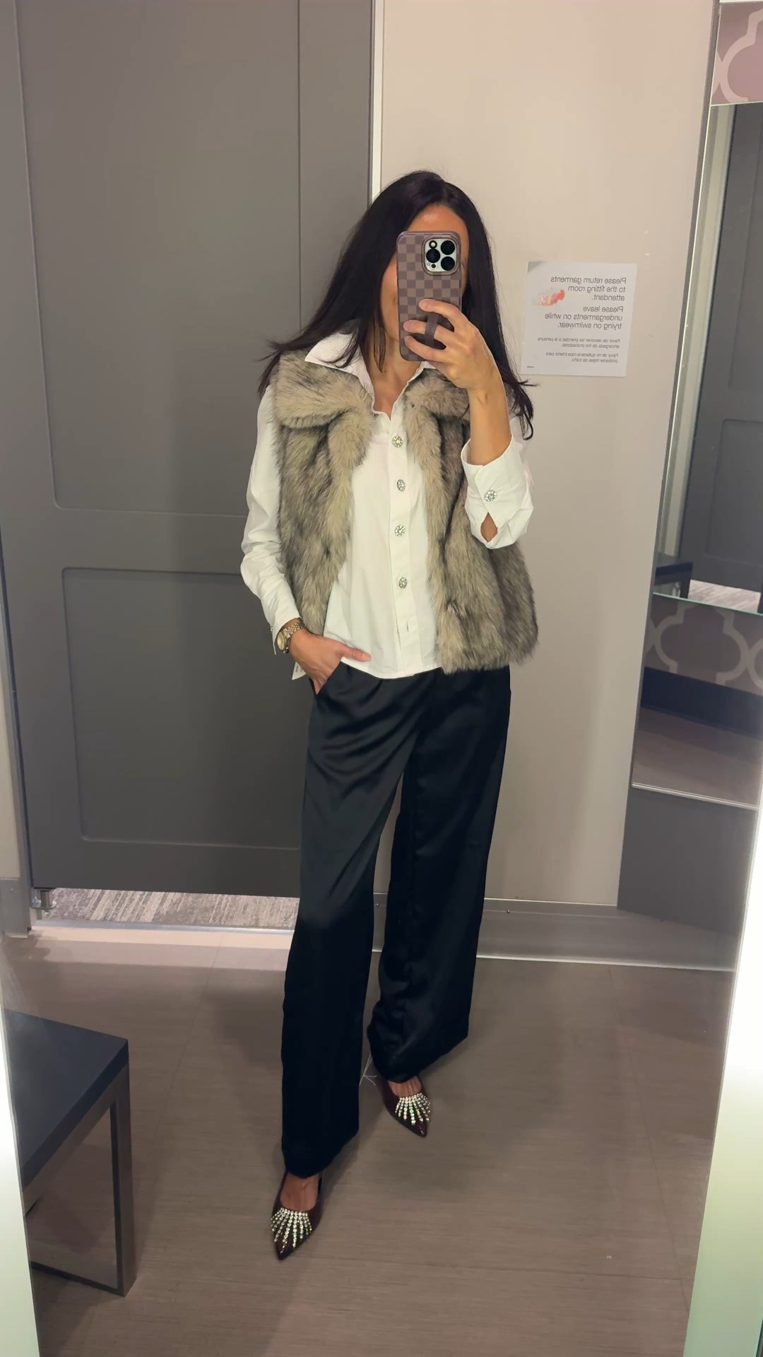 Holiday outfit. Christmas party outfit. 
White top with gorgeous buttons in all cotton true to size. 
Faux fur vest true to size. 
Satin pants pull on style true to size. 
Embellished heels holiday shoes true to size 


#LTKHoliday #LTKOver40 #LTKFindsUnder50