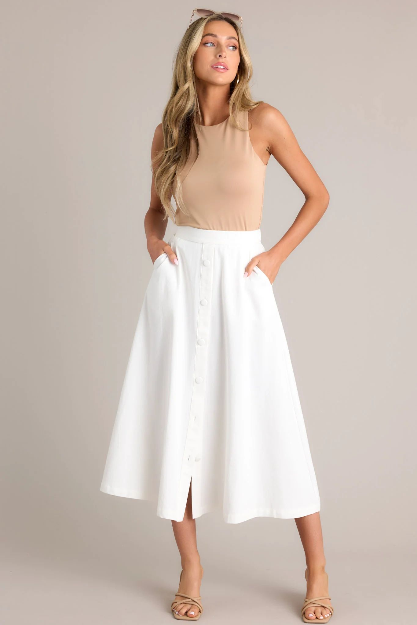 Countryside Charm Cotton Ivory Faux Button Front Midi Skirt (ETA JUNE) | Red Dress
