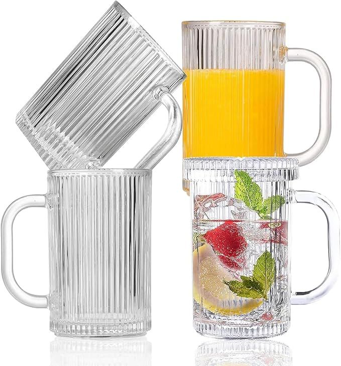 Glass Coffee Mugs Clear Mug - 13 Oz Ribbed Mugs Classical Vertical Stripes Glass Tea Cups With Li... | Amazon (US)