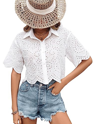 SweatyRocks Women's Short Sleeve Button Down Eyelet Crochet Shirt Asymmetrical Hem Crop Top Blous... | Amazon (US)