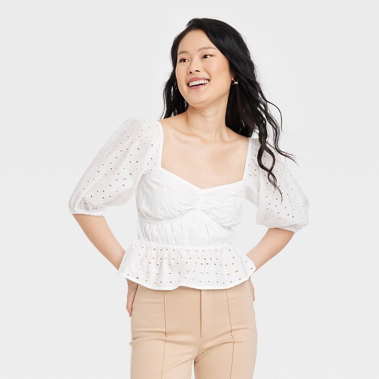 Women's Puff Elbow Sleeve Eyelet Shirt - A New Day™ | Target