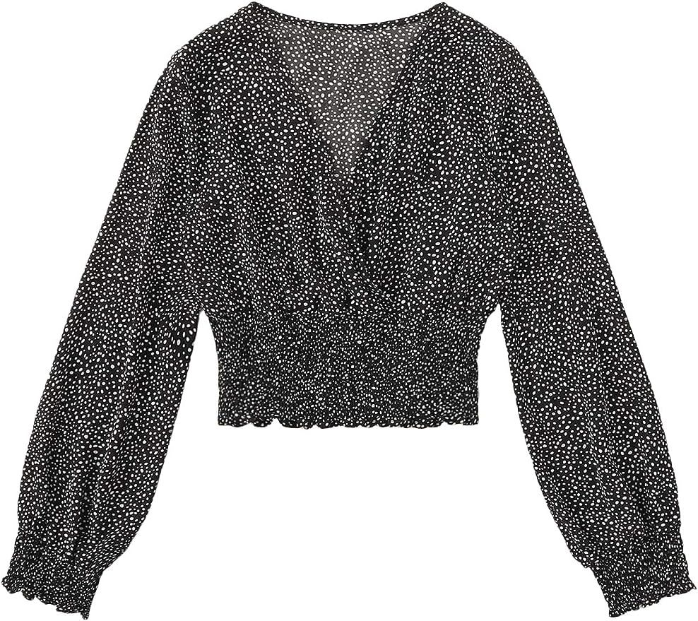 LYANER Women's V Neck Shirred Polka Dots Long Sleeve Frill Crop Blouse Shirt Tops | Amazon (US)