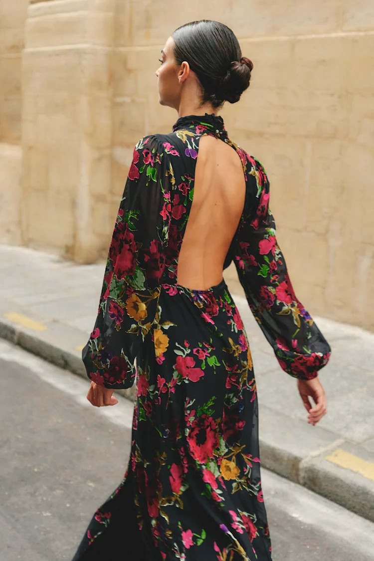 Graceful Arrival Black Floral Burnout Backless Maxi Dress | Lulus
