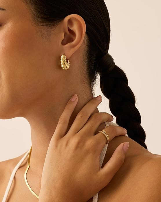 PAVOI 14K Gold Plated Ribbed Hoop Earrings for Women - Chunky Ridge Statement Earrings - Boho Puf... | Amazon (US)