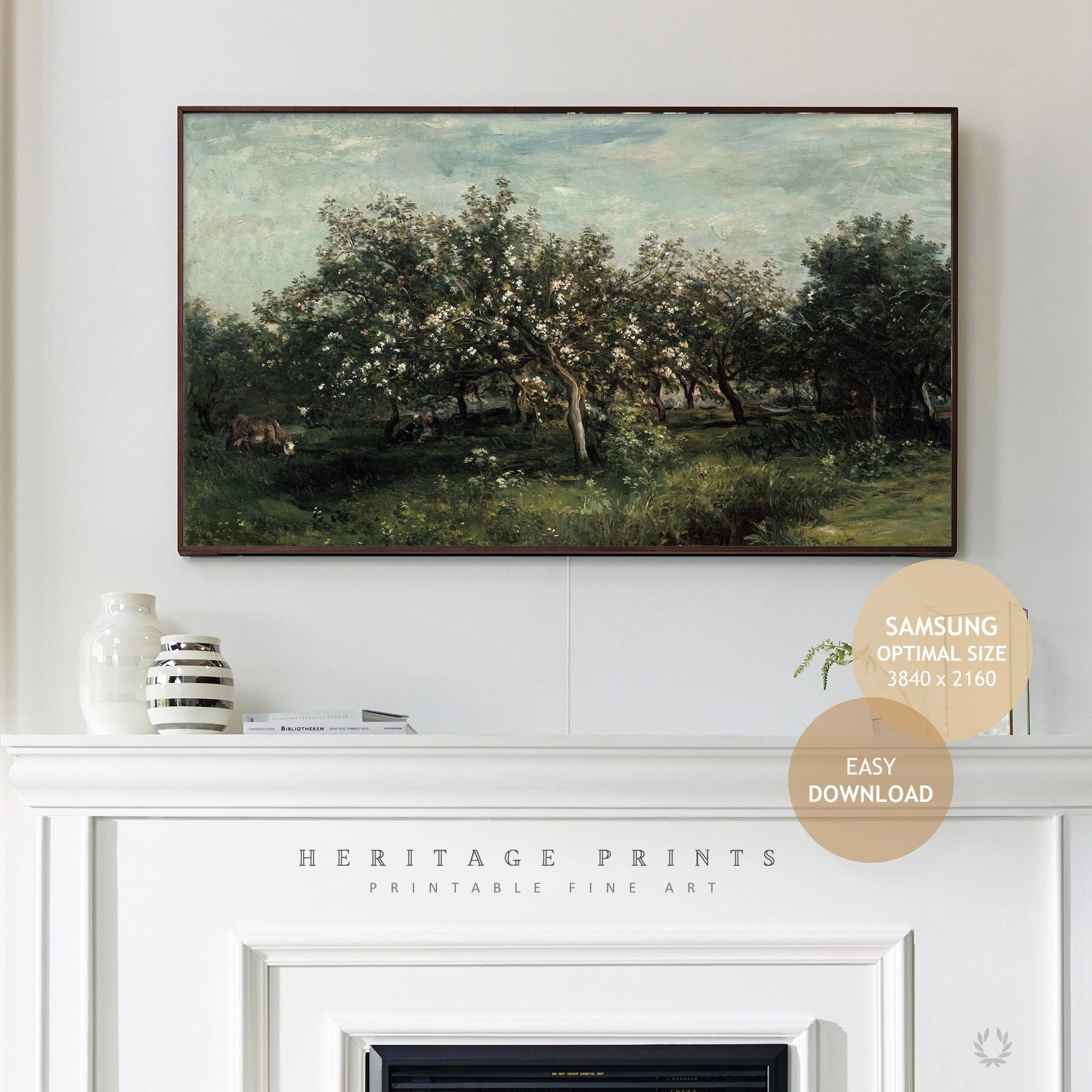 Samsung Frame TV Art File, Vintage Green Landscape Painting With Orchard Tree Art for TV, Green &... | Etsy (US)
